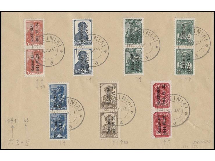  5-60 K. in senkrechten Typenpaaren II-I mit Stempel "RASEINIAI 24.VIII.41" auf Umschlag, Kabinett