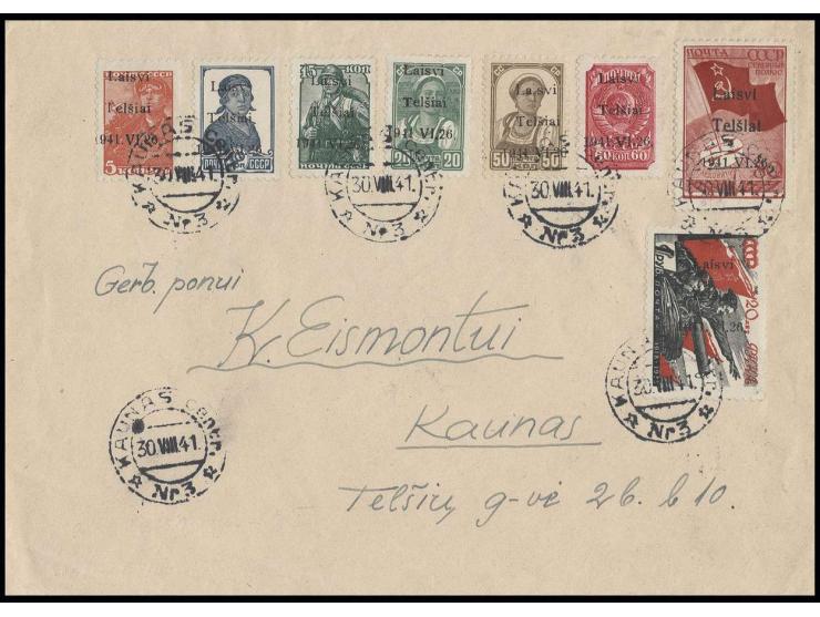  5-60 K. sowie 80 K. und 1 Rbl. mit Stempel "KAUNAS centr 30.VIII.41" auf beschriftetem Umschlag, Kabinett, Fotoattest Klein