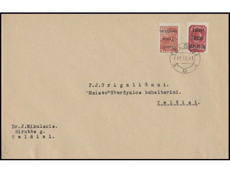 5 K. mit kopfstehendem Aufdruck und 60 K. mit Stempel "TELSIAI 12.IX.41" auf beschriftetem Umschlag, Kabinett