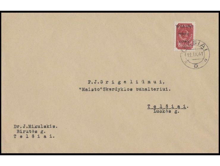 60 K. mit kopfstehendem Aufdruck mit Stempel "TELSIAI 12.IX.41" auf beschriftetem Umschlag, Kabinett