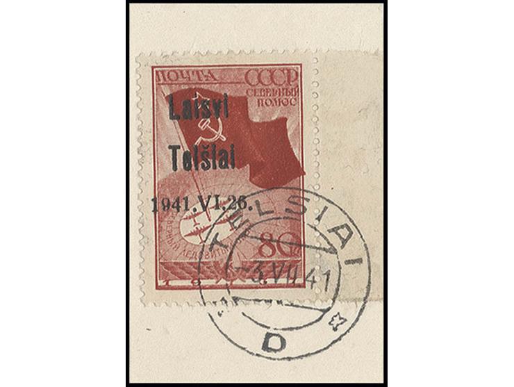 80 K. mit rechtem Bogenrand, Aufdruck in den ersten beiden Zeilen in Type III, die Zahlen in Type II, mit Stempel "TELSIAI -3