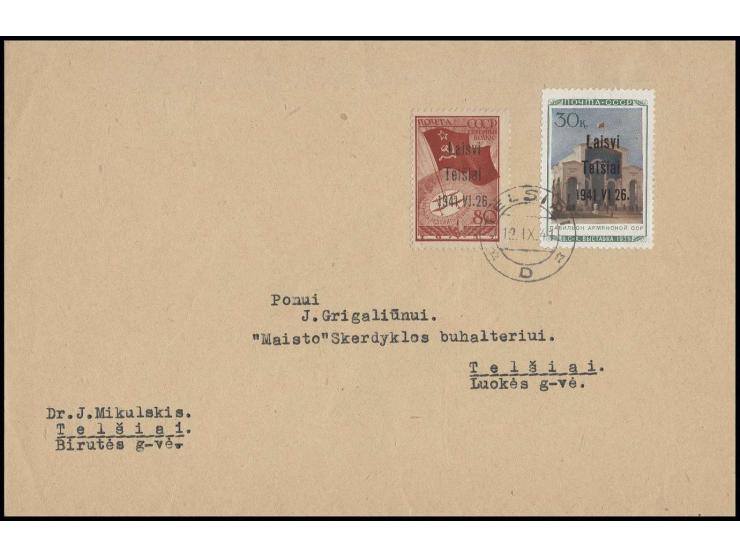 30 K. in Type III mit Aufdruckfehler "Te1siai" zusammen mit 80 K. karmin mit Stempel "TELSIAI 12.IX.41" auf beschriftetem Ums