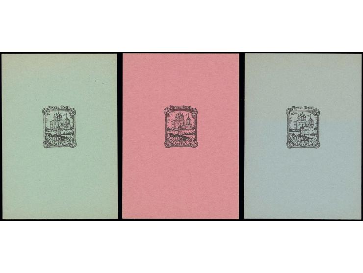  60 K., drei verschiedenfarbige (grün, rot, grünblau) Probedrucke auf Kartonpapier (75 x 105mm), ohne Gummi wie verausgabt, K
