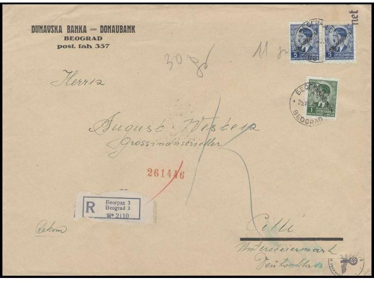 1941, 1 Din. und zwei Werte 5 Din. mit Stempel "BEOGRAD 25.VII.42" auf großformatigem R-Brief mit diversen Zensuren nach Cill