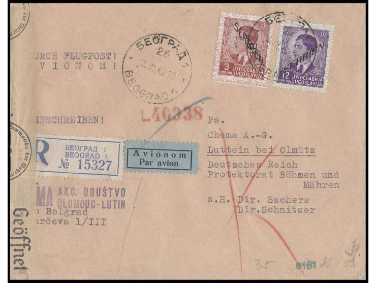 3 Din und 12 Din mit Stempel "BEOGRAD -3.III.42" auf eingeschriebenem Luftpostbrief mit diversen Zensuren nach Luttein bei Ol