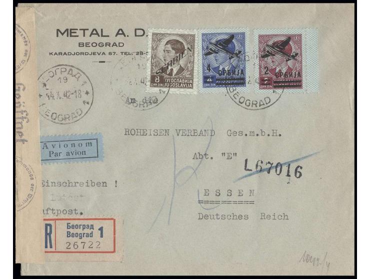 8 Din. und Flugpost 2 und 4 Din. mit Stempel "BEOGRAD 14.X.42" auf eingeschriebenem Luftpostbrief mit Zensur nach Essen, Kabi