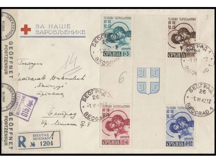 1942, Kriegsgefangene 0,50-4 Din als Herzstück mit Stempel "BEOGRAD -1-VI.42" auf eingeschriebenem Ortsbrief mit Zensuren, ob