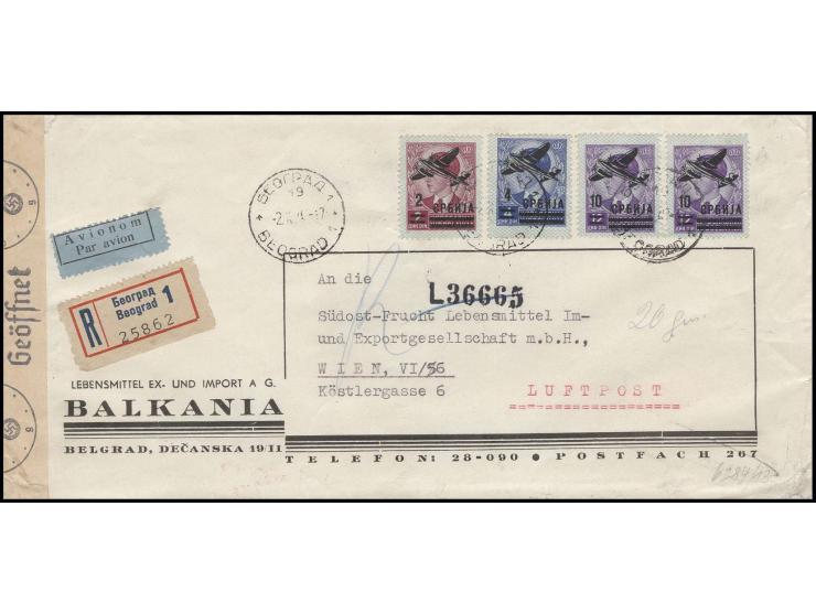 Flugpost 2 und 4 Din. sowie zwei Werte 10 Din. mit Stempel "BEOGRAD -2.X.42" auf eingeschriebenem Luftpostbrief mit Zensuren 