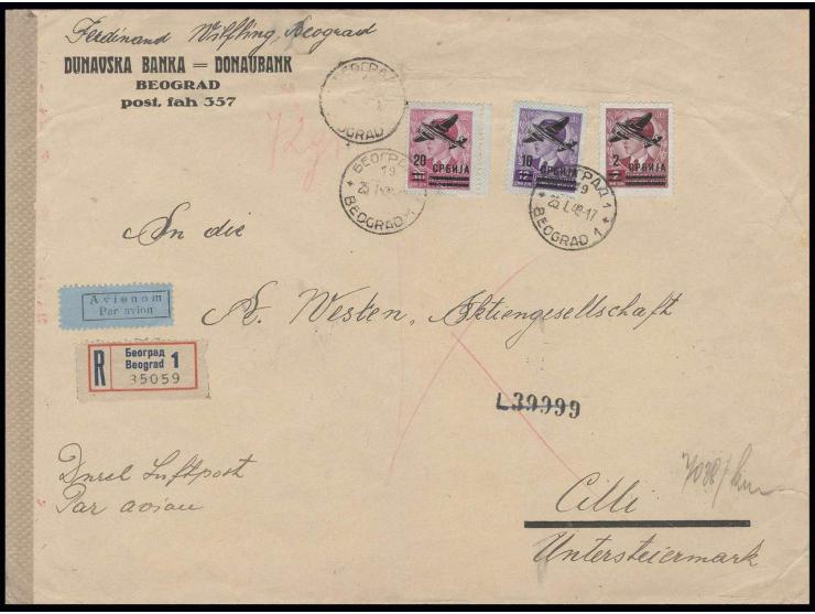 2, 10 und 20 Din. mit Stempel "BEOGRAD 25.I.43" auf großformatigem, eingeschriebenen Luftpostbrief mit diversen Zensuren nach