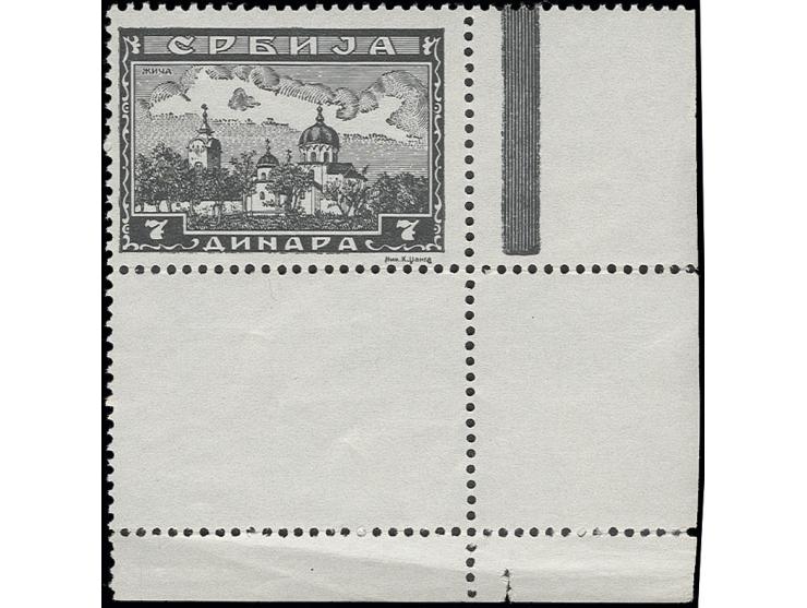 Serbische Klöster 7 D. aus der rechten unteren Bogenecke mit kpl. Leerfeld unten, postfrisch, im Rand unten kleine Knitter, F