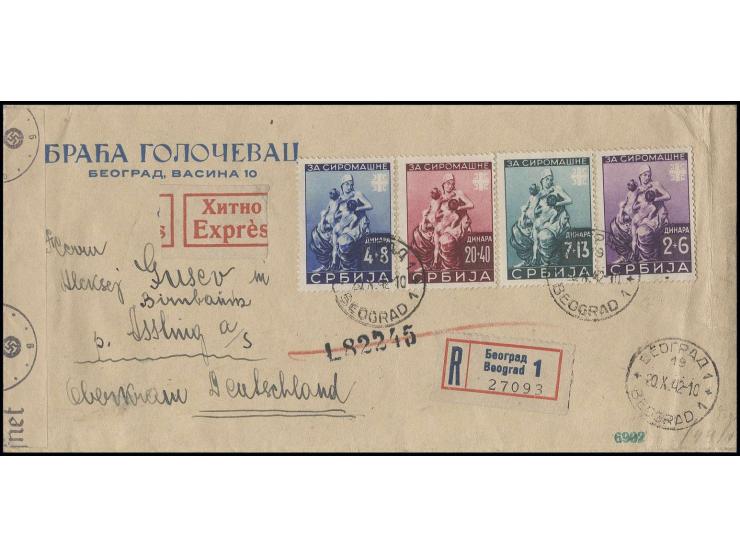 Für die Armen 2-20 Din. mit Stempel "BEOGRAD 20.X.42" auf eingeschriebenem Expressbrief mit diversen Zensuren nach Assling mi