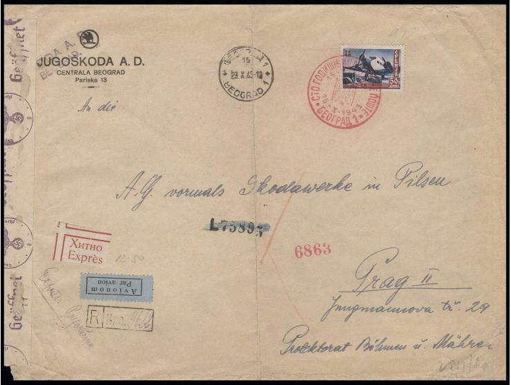 1943, 100 Jahre serbische Post, 50 Din. mit rotem Ersttagssonderstempel "BEOGRAD 15-X-1943" auf eingeschriebenem Express-Luft