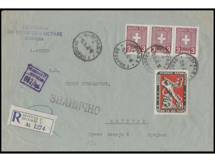 DIENSTMARKEN: 1943, 3 Din. im 3er-Streifen mit Stempel "BEOGRAD 15.IX.43" auf R-Brief mit Zensurstempel nach Njegotin mit Ank