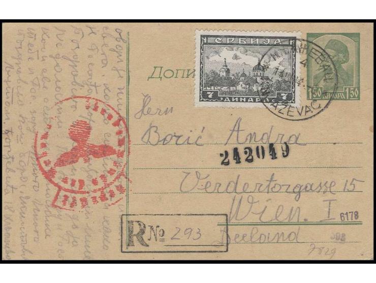 Ganzsachen: 1944, Karte 1,50 D. mit Zufrankatur Serbische Klöster 7 D. als Einschreibekarte von "KNJAZEVAC 11.VIII." mit viel