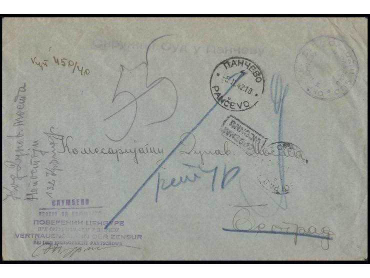 1942, "VERTRAUENSMANN DER ZENSUR BEI DEM KREISGERICHT PANTSCHOWA", zweisprachiger violetter L4 mit nebengesetztem Aufgabestem
