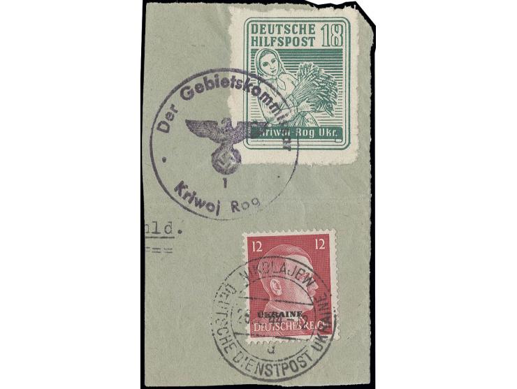 18 Pfg. Kriwoj Rog mit Zufrankatur Hitler 12 Pfg. mit Dienstsiegel bzw. Tagesstempel auf kleinem Briefstück, Pracht, sign. Kr