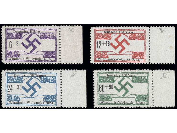 6-60 Pfg. kpl., bis auf 6 Pfg. alles x-Papier, mit rechtem Rand und Plattenfehler "Römische 1 statt I in Hilfspost", postfris