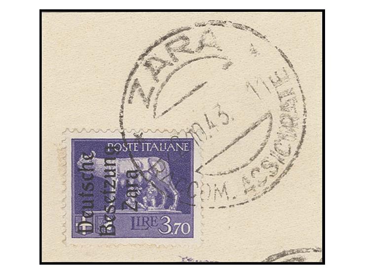 3.70 L. mit Stempel "ZARA 22.10.43" auf Briefstück, Kabinett, Fotoattest Brunel BPP