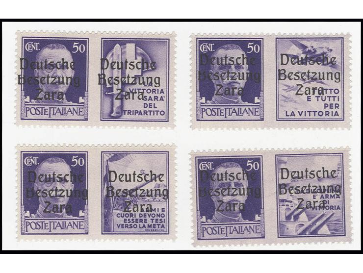  50 C. Flugzeug/Stahlhelm/Artillerie/Marine, je mit Aufdruck der Felder 3-4 mit Aufdruckfehlern "fehlender Oberbogen des B" u