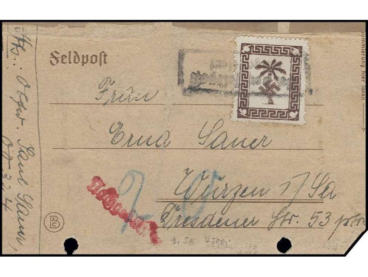 1943, Tunis-Zulassungsmarke auf dickem Papier in guter Erhaltung mit Ra2 "Bei der Feldpost eingeliefert" auf Päckchenadresse 