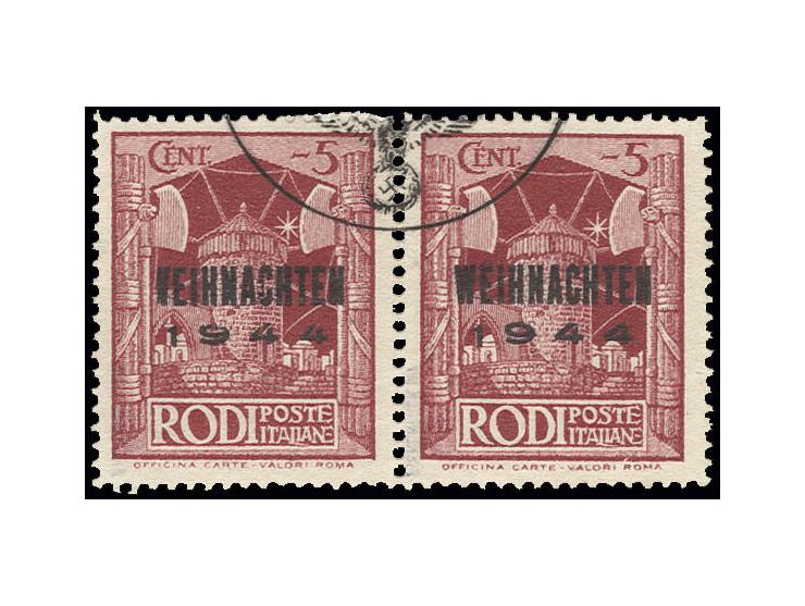  1945, Insel Rhodos, Weihnachtsmarke im waagerechten Paar Type IV/III, sauber gestempelt, Pracht, Fotoattest Pickenpack