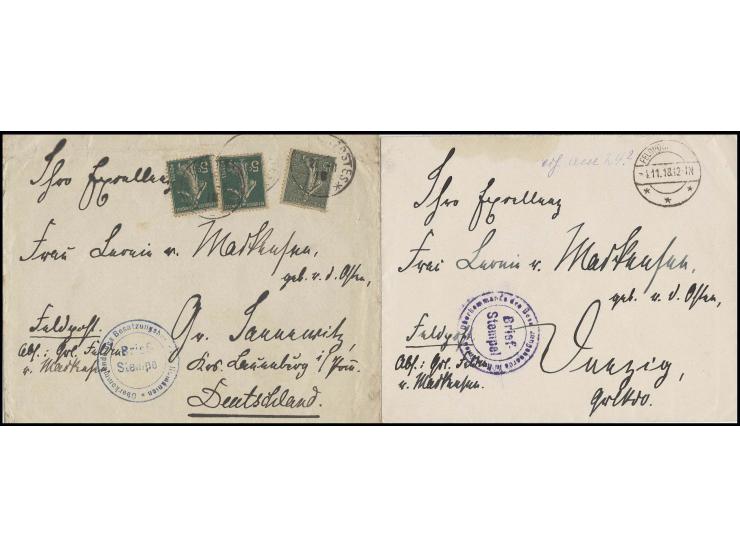 1918, Generalfeldmarschall von Mackensen, 2 eigenhändig adressierte Feldpostumschläge mit jeweils Briefstempel "Kommando des 