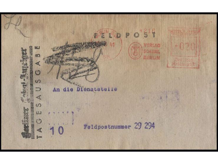 1941, kpl. Zeitungspäckchen-Adressfeld mit 20 Pfg.-Freistempel von "BERLIN SW68/25.2.41 VERLAG SCHERL BERLIN", ohne Zulassung