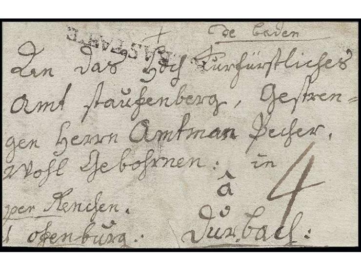 "de Baden", handschriftlicher Aufgabevermerk auf Faltbrief, datiert 11. Januar 1805 "per Renchen et Offenburg" nach Burbach; 