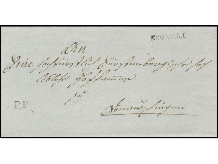 "ENGEN R.I.", L1 auf Briefhülle 1807 mit nebengesetztem "P.P." nach Donaueschingen; vom Aufgeber bezahlte 2 Kr. sind rückseit