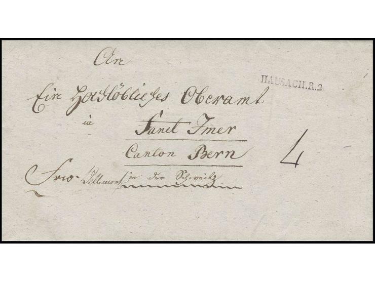 "HAUSACH.R.2", L1 in schwarz sauber auf kpl. Teilfranko-Brief 1829 in den Kanton Bern; bei der Aufgabe wurden 6 Kr. badisches