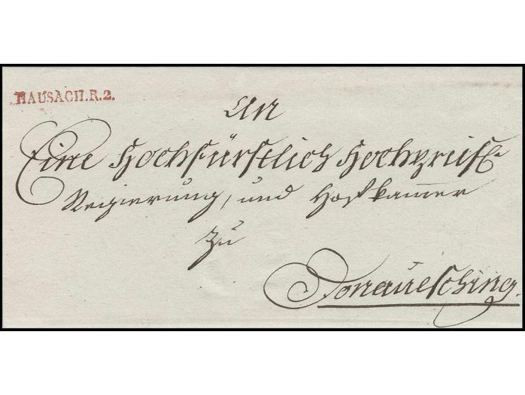 "HAUSACH.R.2.", L1 in rot glasklar auf Briefhülle 1804 nach Donaueschingen, aus dieser frühen Zeit sehr selten