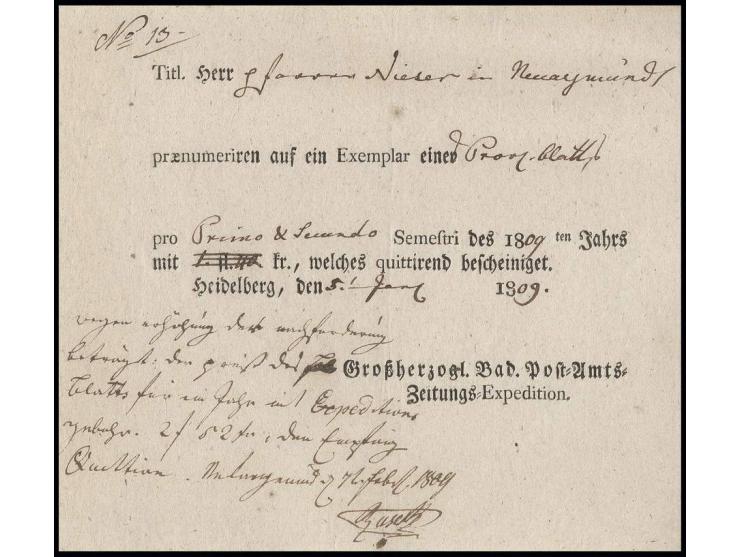 HEIDELBERG: 1809, quittierte Zeitungsrechnung der Badischen Post-Amts-Zeitungs-Expedition (Ortsdruck) mit handschriftlicher P