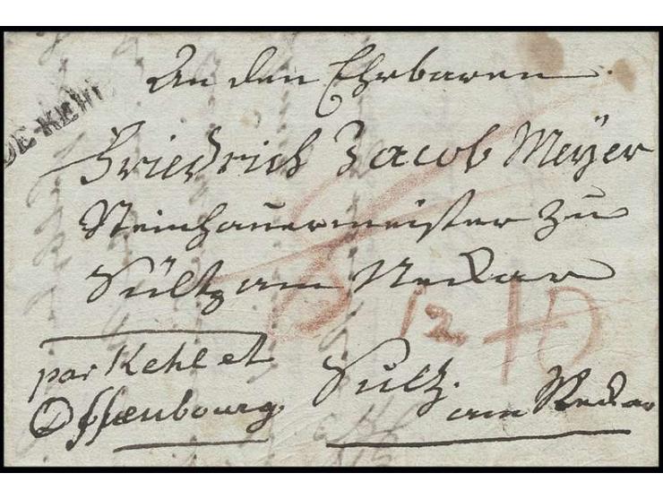 "DE KEHL", L1 in kleiner Type auf kpl. Portobrief aus Straßburg mit Leitvermerk "par Kehl et Offenburg" nach Sulz am Neckar; 