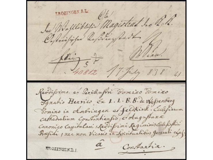 "KROZINGEN.R.I.", L1 in schwarz auf Brief 1804 nach Konstanz sowie in rot auf Brief 1838 nach Wien