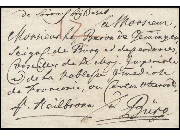 "de Lörrach bei Basel", handschriftlicher Aufgabevermerk auf Porto-Briefhülle mit Leitvermerk "p. Heilbronn" nach Bürg, Prach