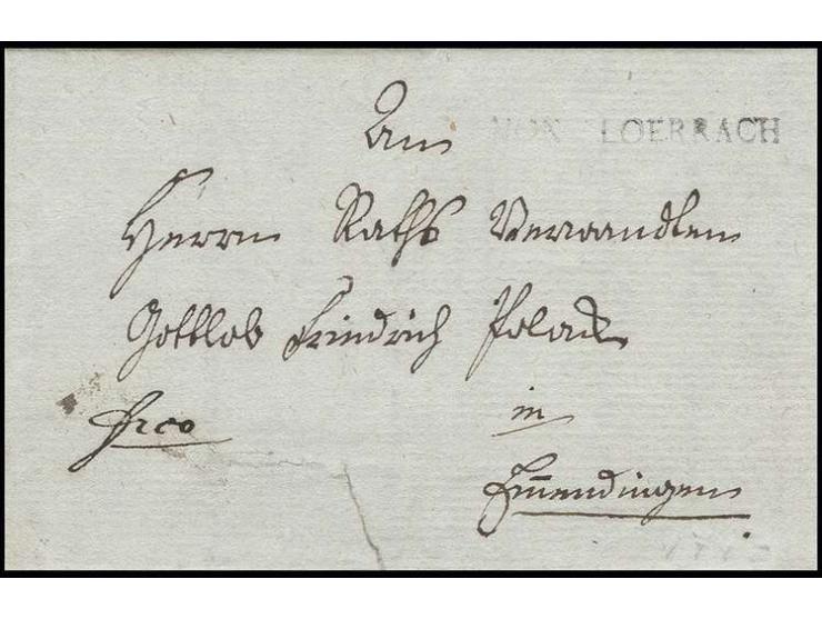 "VON LOERRACH", L1 auf kpl. Brief 1797 von Brombach nach Emmendingen, vorderseitig unten kleiner Einriß hinterklebt, selten