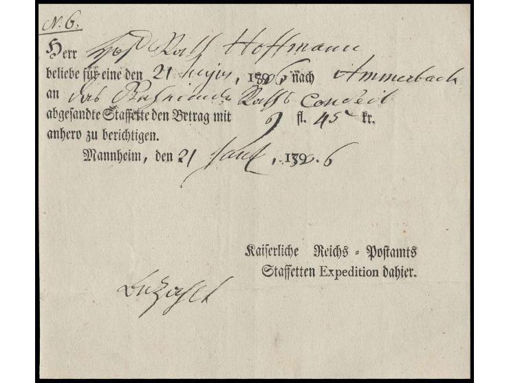 MANNHEIM: 1806, Estafetten-Gebührenquittung des kaiserlichen Reichspostamtes im Ortsdruck für eine Estafette nach Amorbach, d