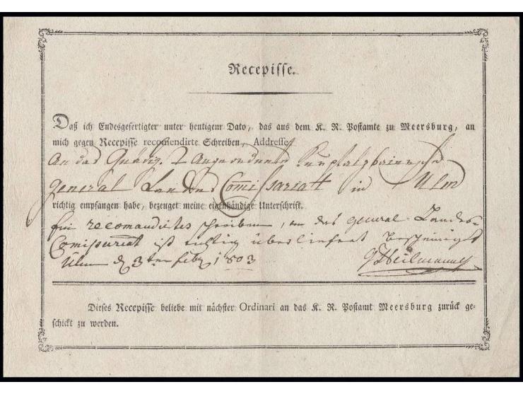 MEERSBURG: 1803, Recepisse im Ortsdruck für ein recommandiertes Schreiben nach Ulm und mit Empfangsbestätigung zurück nach Me