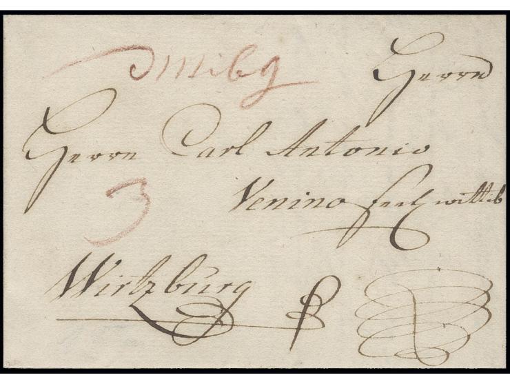 MILTENBERG: "d Mibg", handschriftlicher Aufgabevermerk in rot auf kpl. Brief 1771 nach Würzburg, als Portobrief mit 3 Kr. tax