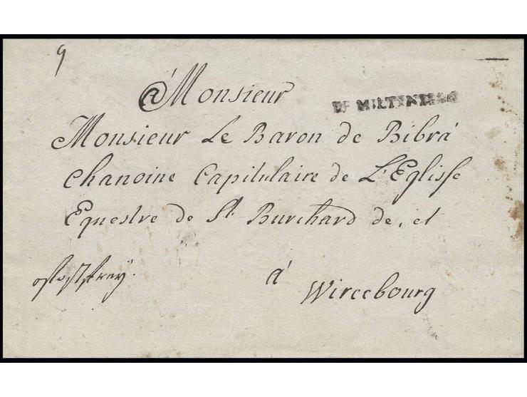 "DE MILTENBERG", L1 sauber auf Brief (Todesanzeige) 1789 nach Würzburg, gering fleckig