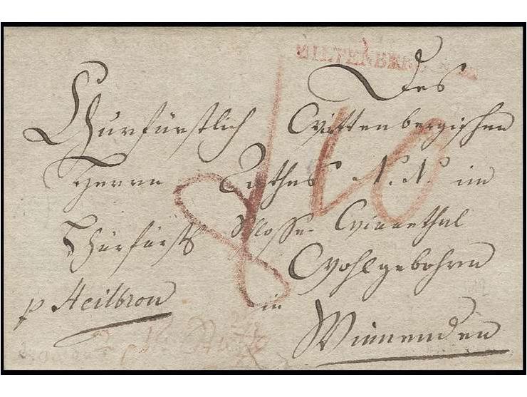"MILTENBERG.R.2.", kleiner L1 in rot auf kpl. Brief von Amorbach "p Heilbron" nach Winnenden, taxiert mit 8 Kr. Porto und 2 K