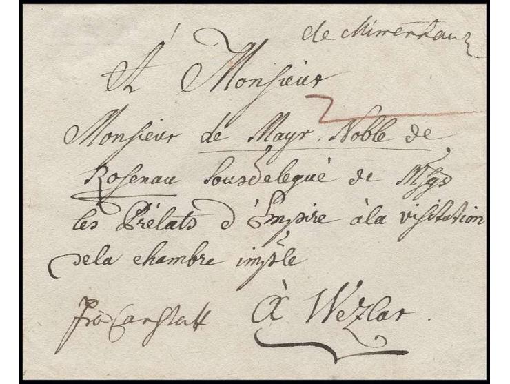 "de Mimenhausen", handschriftlicher Aufgabevermerk auf rückseitig datiertem Briefkuvert 1775 nach Wetzlar mit handschriftlich