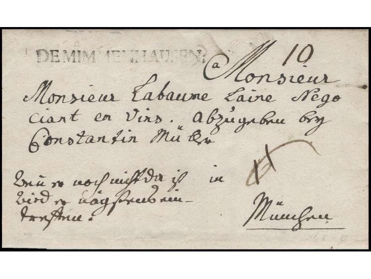 "DE MIMMENHAUSEN", L1 sauber abgeschlagen auf kpl. Brief, datiert "Salem d. 13 Dezember 1786" nach München. Vom Empfänger war
