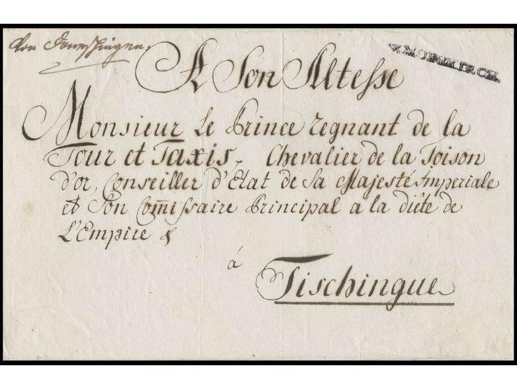 "v. MOESKIRCH", L1 als Transitstempel auf Briefhülle mit Aufgabevermerk "Von Donaueschingen" an den Fürsten von Thurn & Taxis