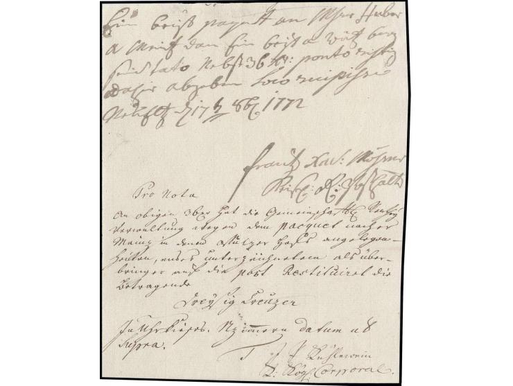 1772, Recepisse für ein Paket nach Mainz, ausgestellt vom kaiserlichen Reichs-Posthalter Franz Xavier Messner