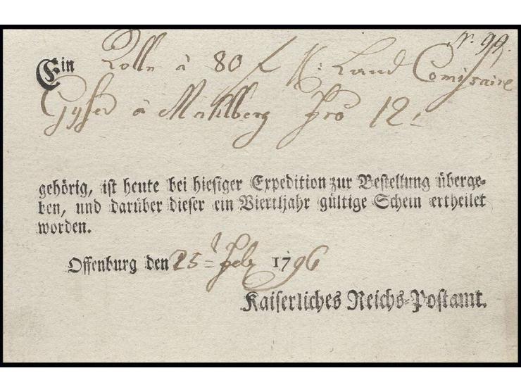 OFFENBURG: 1796, Postschein der kaiserlichen Reichspost im Ortsdruck für ein Paket im Wert von 80 Gulden nach Mahlberg