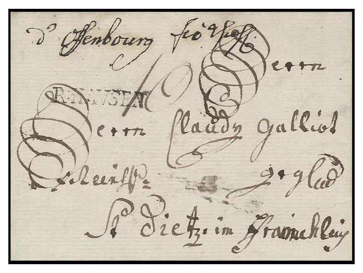 "d'Offenbourg fco Kehl", handschriftlicher Aufgabevermerk auf kpl. Brief 1760 nach St. Dietz in Lothringen mit vorderseitigem