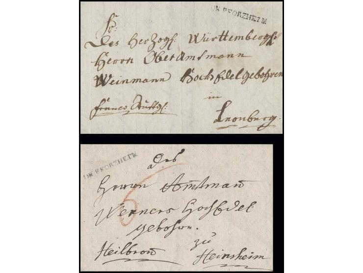 "DE PFORZHEIM", L1 in 2 verschiedenen Typen, einmal mit Abstand zwischen I und M auf 2 kpl. Briefen ca. 1785 nach Heinsheim b