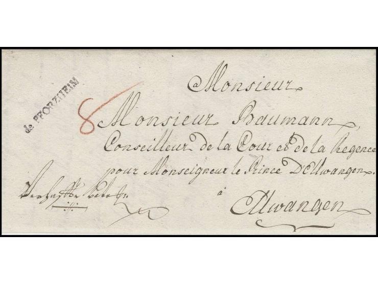 "de PFORZHEIM", L1 glasklar auf kpl. Brief 1775 nach Ellwangen, Kabinett; der seltenste Stempel von Pforzheim, nur 2 Stück re