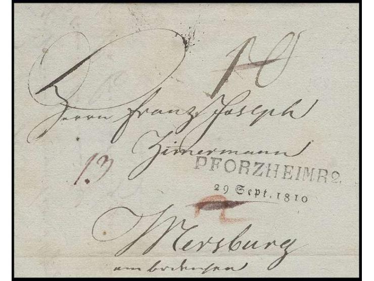 "PFORZHEIM R2./29 Sept. 1810", L2 glasklar auf kleinem Faltbrief nach Meersburg am Bodensee; sehr schöner Beleg dieses selten